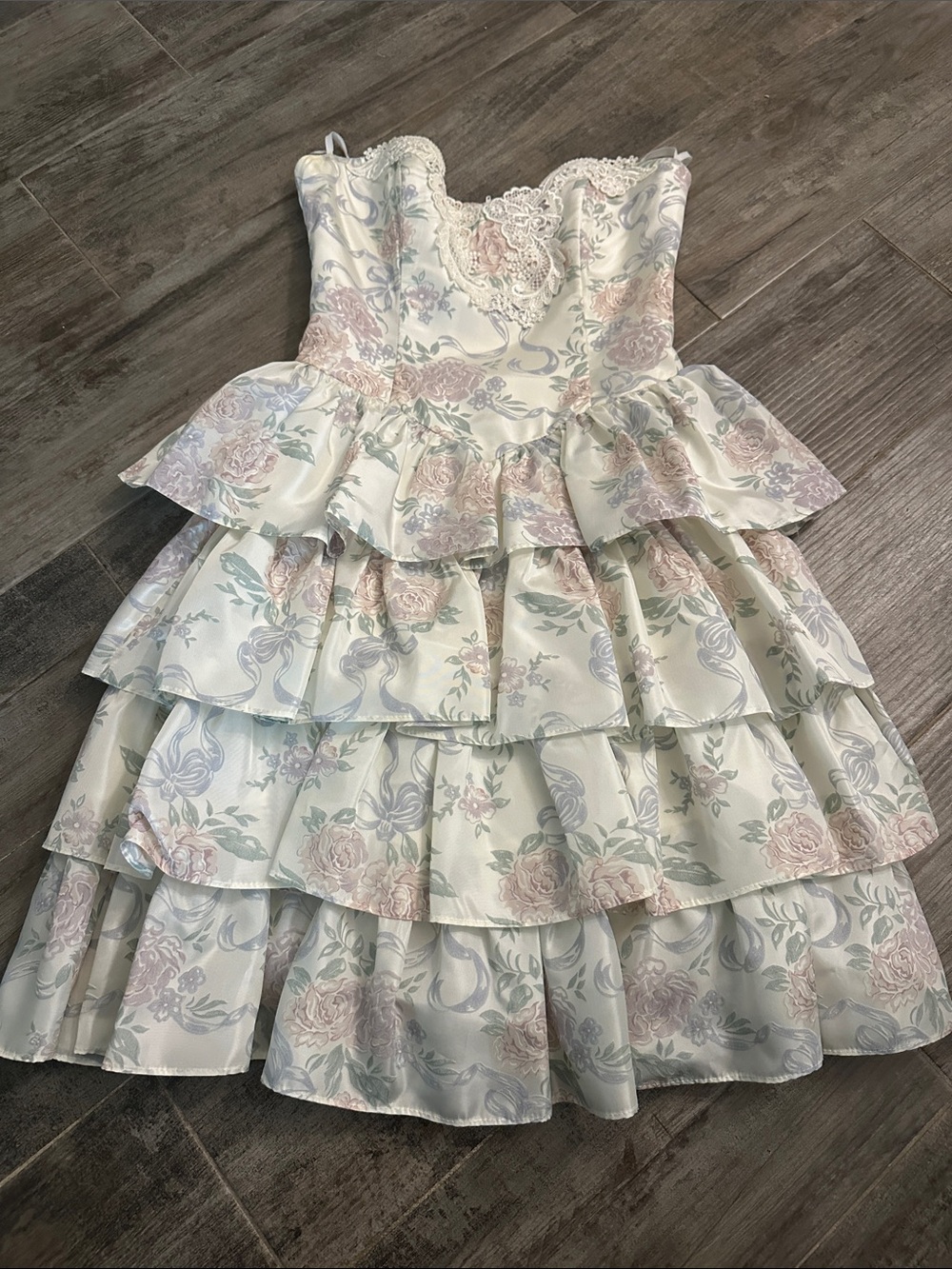 Vintage Gunne Sax Strapless Formal Floral Tiered Dress sz 7/8